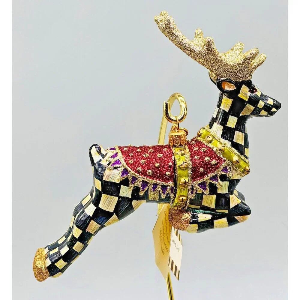 Mackenzie‎ Childs Prancer Reindeer Glass Christmas Ornament Courtly Checks Box